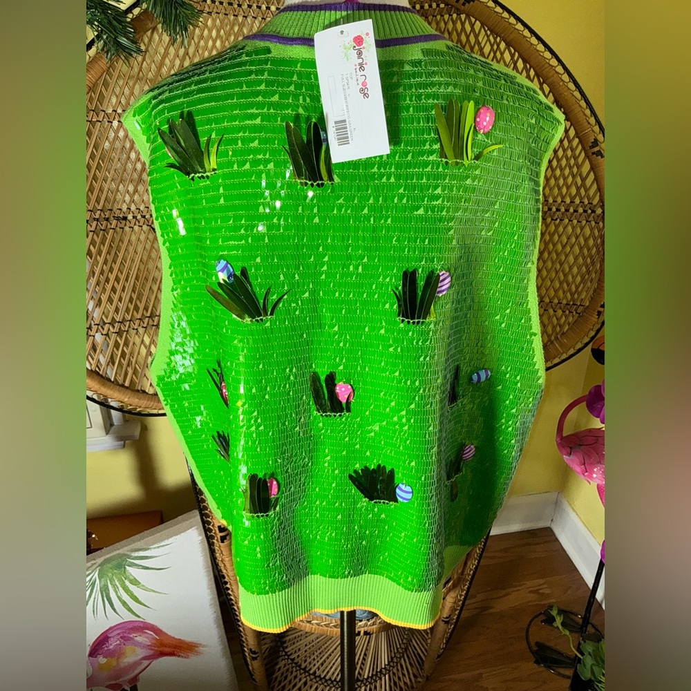 Queen of Sparkles NWT Sequin Easter Egg Grass Vest Size XL - Picture 8 of 11